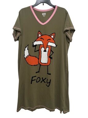 LAZY ONE Foxy Cotton Nightgown Olive Green With Pink Sleep Shirt Size L/XL